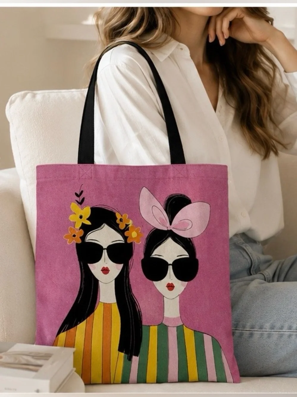 Pink Illustrated Women’s Canvas Tote Bag with Black Handles 💗😎